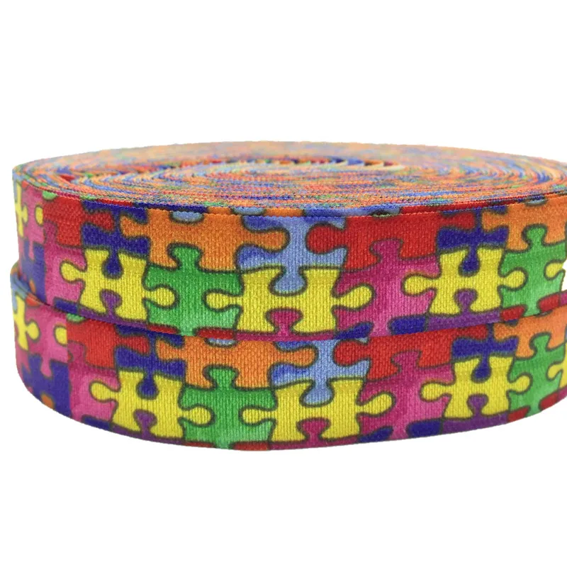 Hot Sale Autism Awareness Puzzle Print Fold Over Elasitc 5/8\'\' 10Y Colorful FOE Ribbon for DIY Headwear Gift Webbing Accessory