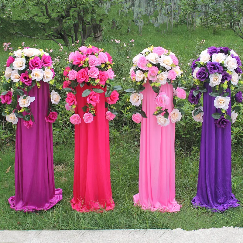 Party Decor Pillars Iron Stand With Stain Cloth Artificial Rose Flower Roman Column For Wedding Decoration Guide Shooting Props