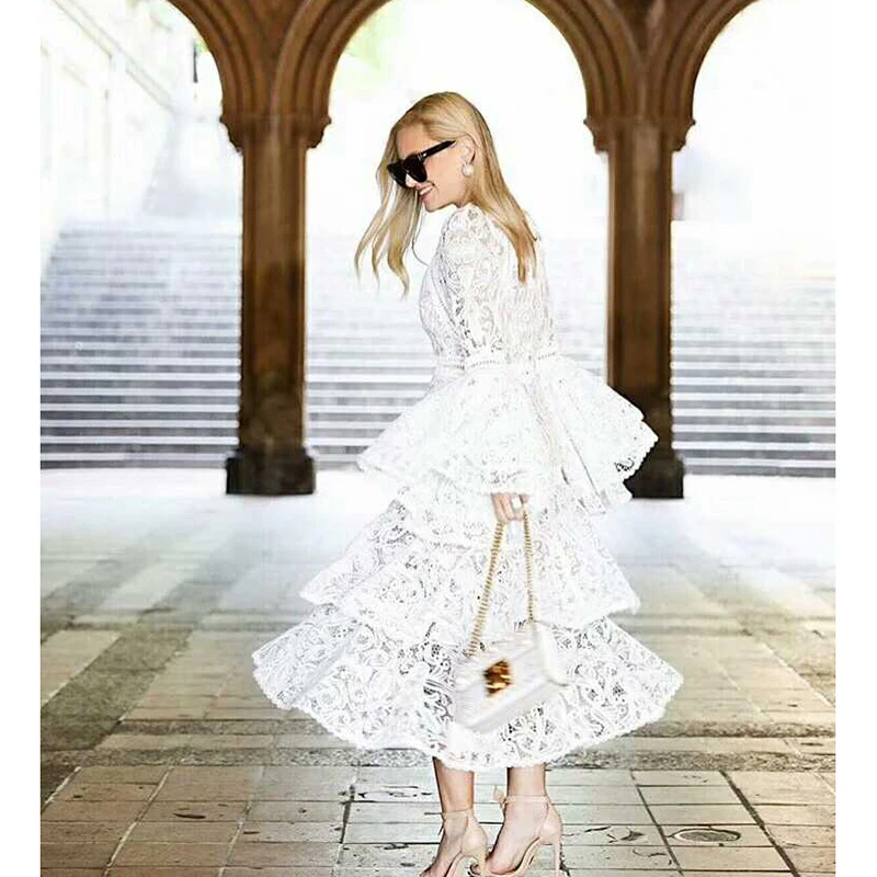 HIGH QUALITY Newest Fashion 2024 Designer Runway Women\'s Flare Sleeve Cascading Ruffles Lace Dress