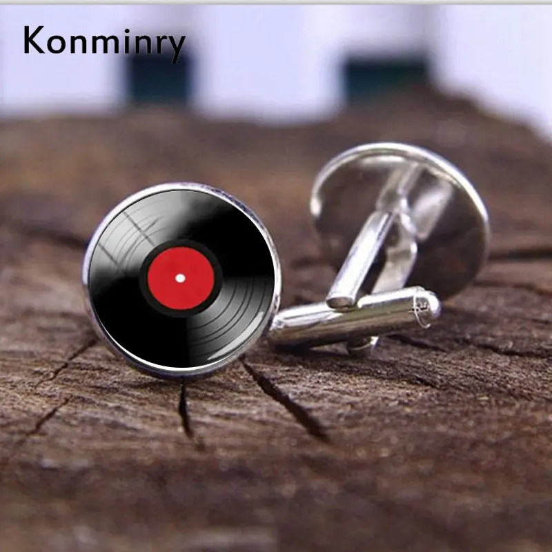 Konminry Classic Vinyl Record Cufflinks DJ For Men Retro Music Art CuffLinks Round Dome Glass Fashion Men Women Jewelry