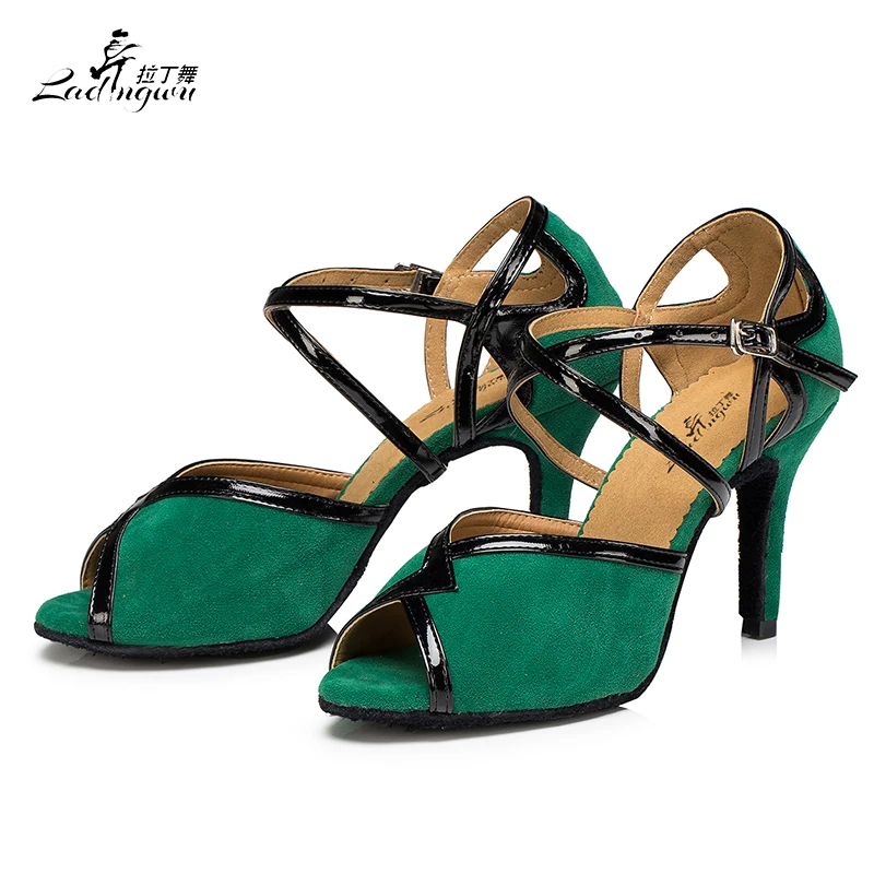 Ladingwu Green/Black Flannel Soft Bottom Women Sandals Salsa Latin Dance Shoes Lady Ballroom Waltz Performance Dance Shoes