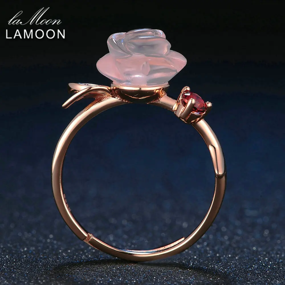 LAMOON 925 Sterling Silver Ring For Women Rose Quartz Gemstone Rose Flower 18K Rose Gold Plate Adjustable Ring  Jewelry LMRI025 image 5