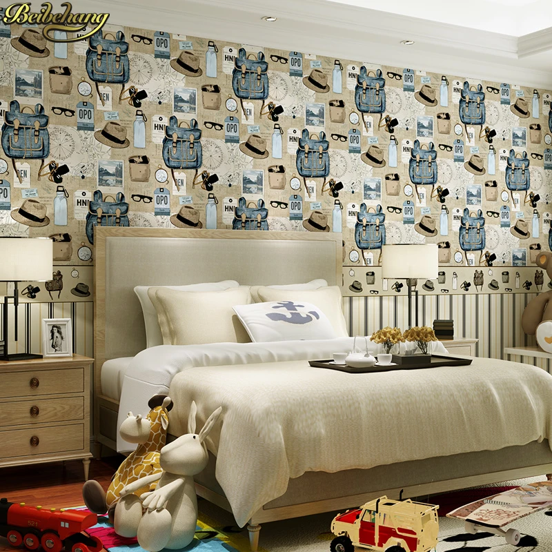 beibehang American country retro backpack environmental non-woven wallpaper boys and girls bedroom shop papel de parede