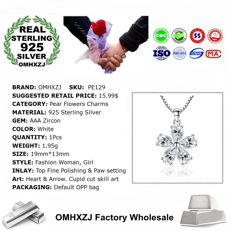 OMHXZJ Wholesale Fashion Sweet Pear Flower Woman Girl Gift Zircon 925 Sterling Silver Pendant Charms PE129 ( NO Chain Necklace )