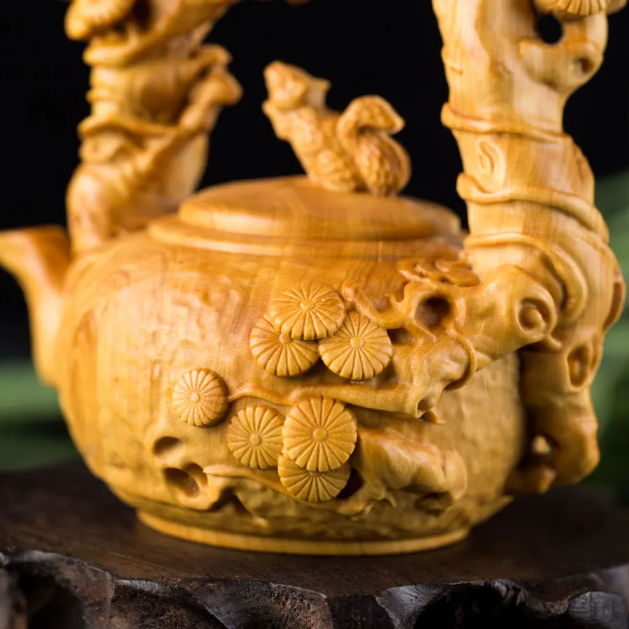 Chinese Wood-Carved Squirrel Teapot, Wealth Symbol, Artistic Home Decor, Feng Shui