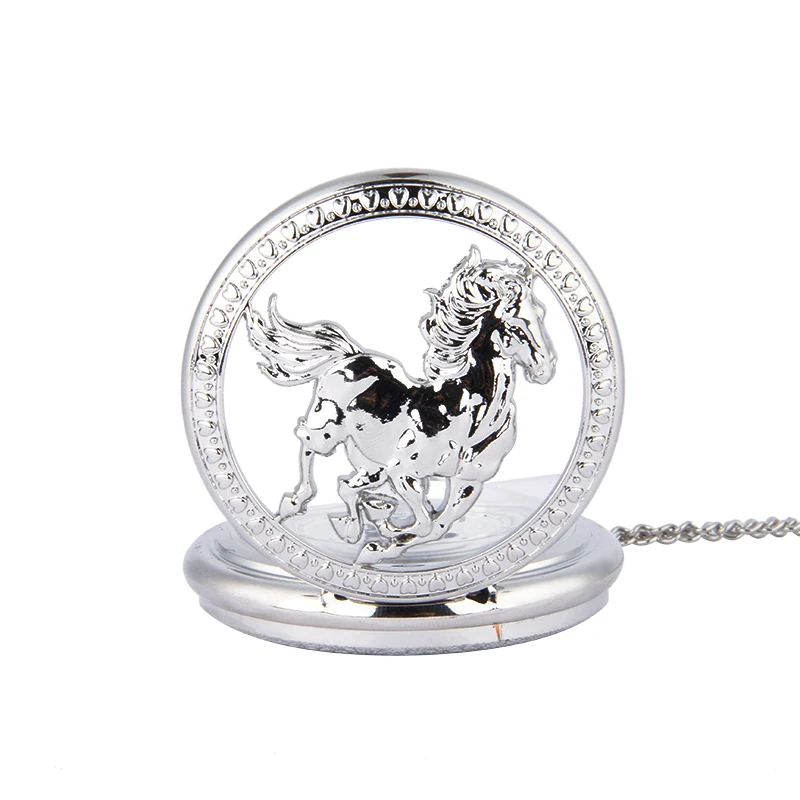 1042  Luxury Glossy Gold And Silver Horse Three-dimensional Pattern Perspective Pocket Watch With Chain Accessories Pocket Watch