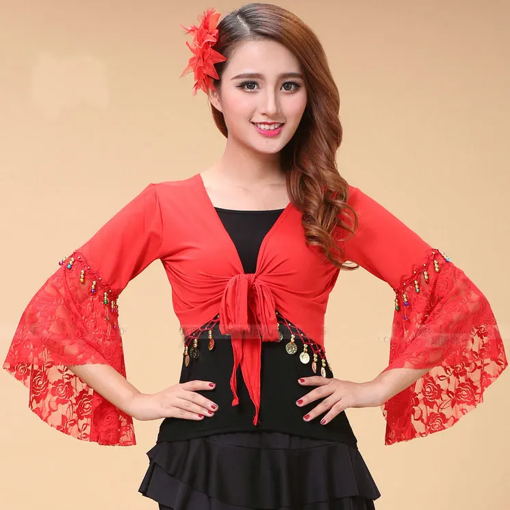 

Lace Long Sleeve Belly Dance Costumes Fashion Indian Dance Clothing Trumpet Sleeve Dance Clothes Belly Dance Top Shirt