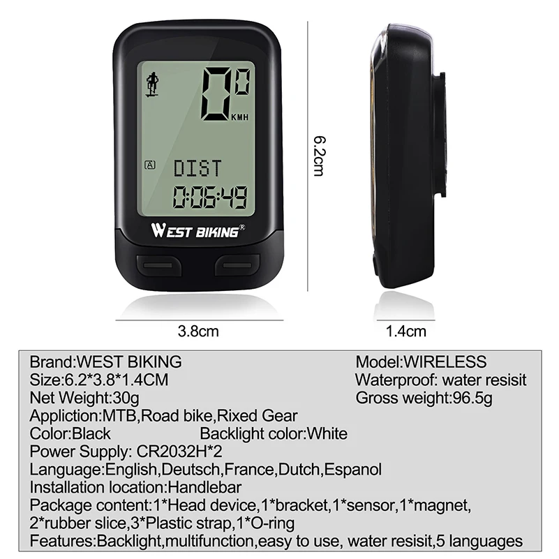 WEST BIKING Waterproof 5 Language Bike Computer Wireless Stopwatch MTB Road Bike Speedometer Cycling Odometer Bicycle Computer