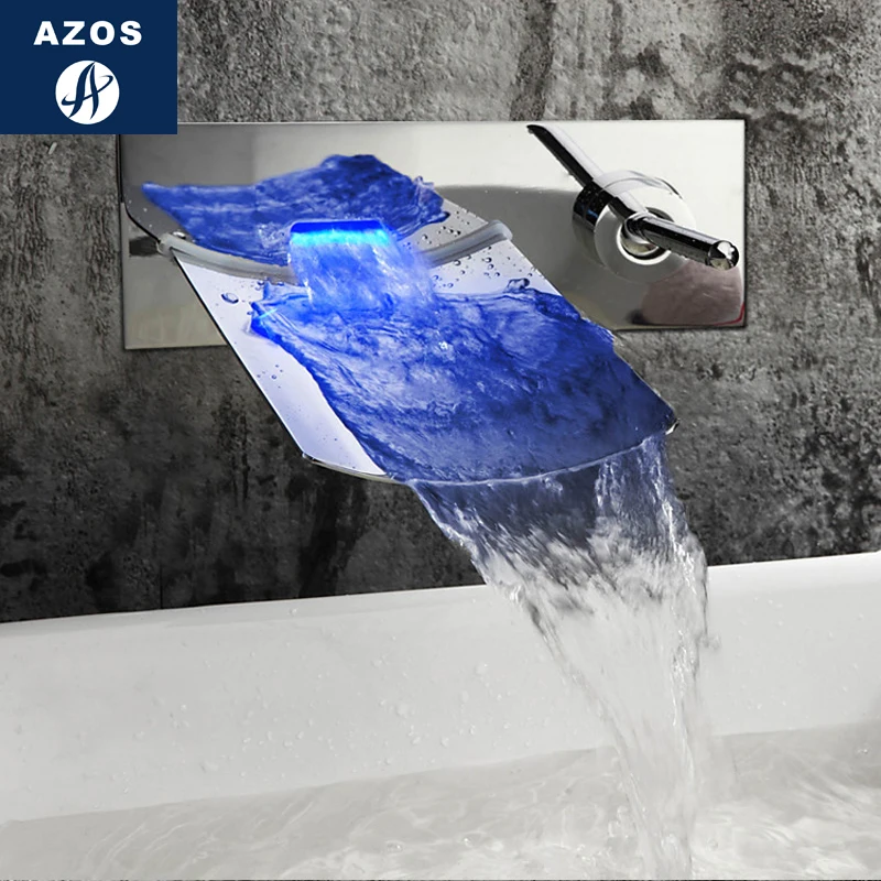 Azos In-wall Faucet Discoloration Waterfall Brass Chrome Cold and Hot Switch Temperature Control LED Shower Room Basin One-piece