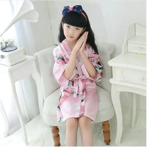 Kids Robe Satin Children summer Kimono Bath Robes Bridesmaid Flower Girl Dress Silk children's bathrobe Nightgown Peacock robe