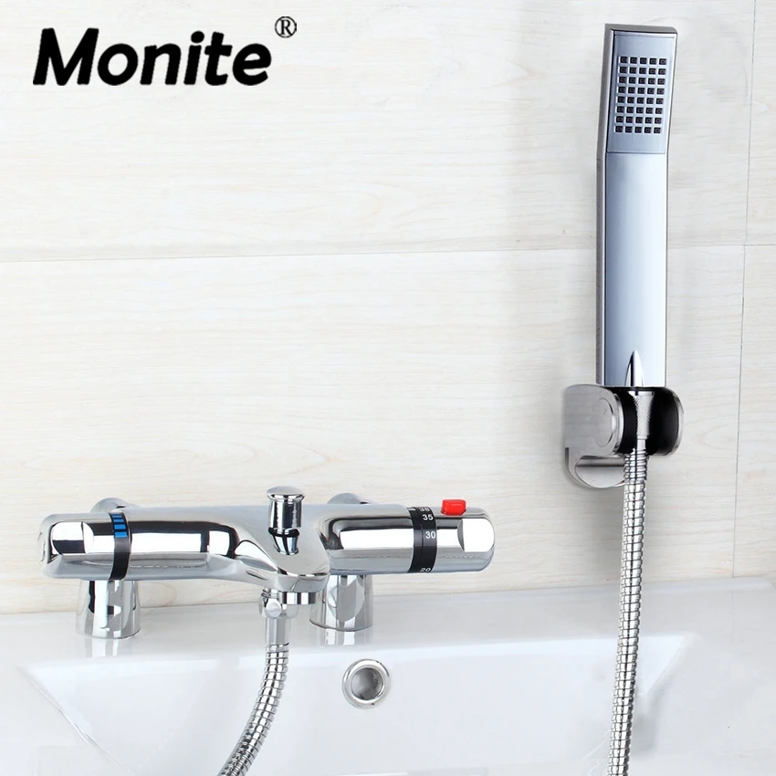 Modern Bathroom Bathtab ThermostaticWidespread Bathroom Bathtub Roman Filler Faucet with Hand Thermostatic Shower Set