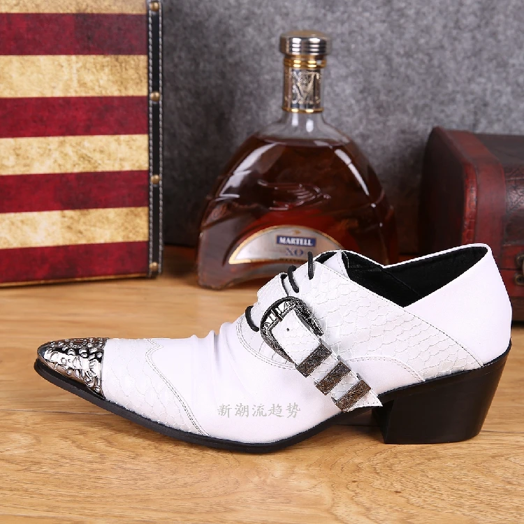 Mens pointed toe dress shoes black white high heels crocodile skin men leather shoes formal wedding shoes male spiked loafers