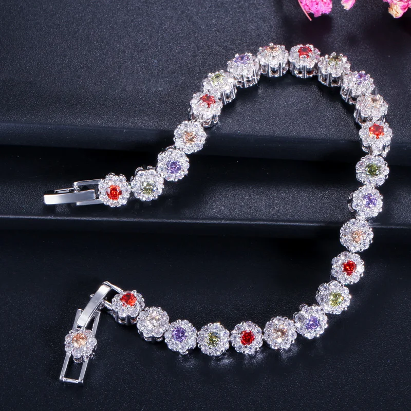 Pera New Fashion Royal Tennis Bracelets for Women Silver Color Big Cubic Zirconia Blue Flower Connected Party Charm Jewelry B117