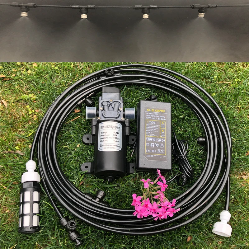 

S039 Hylaea Garden, Greenhouse, Lawn Portable Mist Maker 6pcs Slip Lock Nozzles Misting Irrigation System with DC 12V Pump Motor