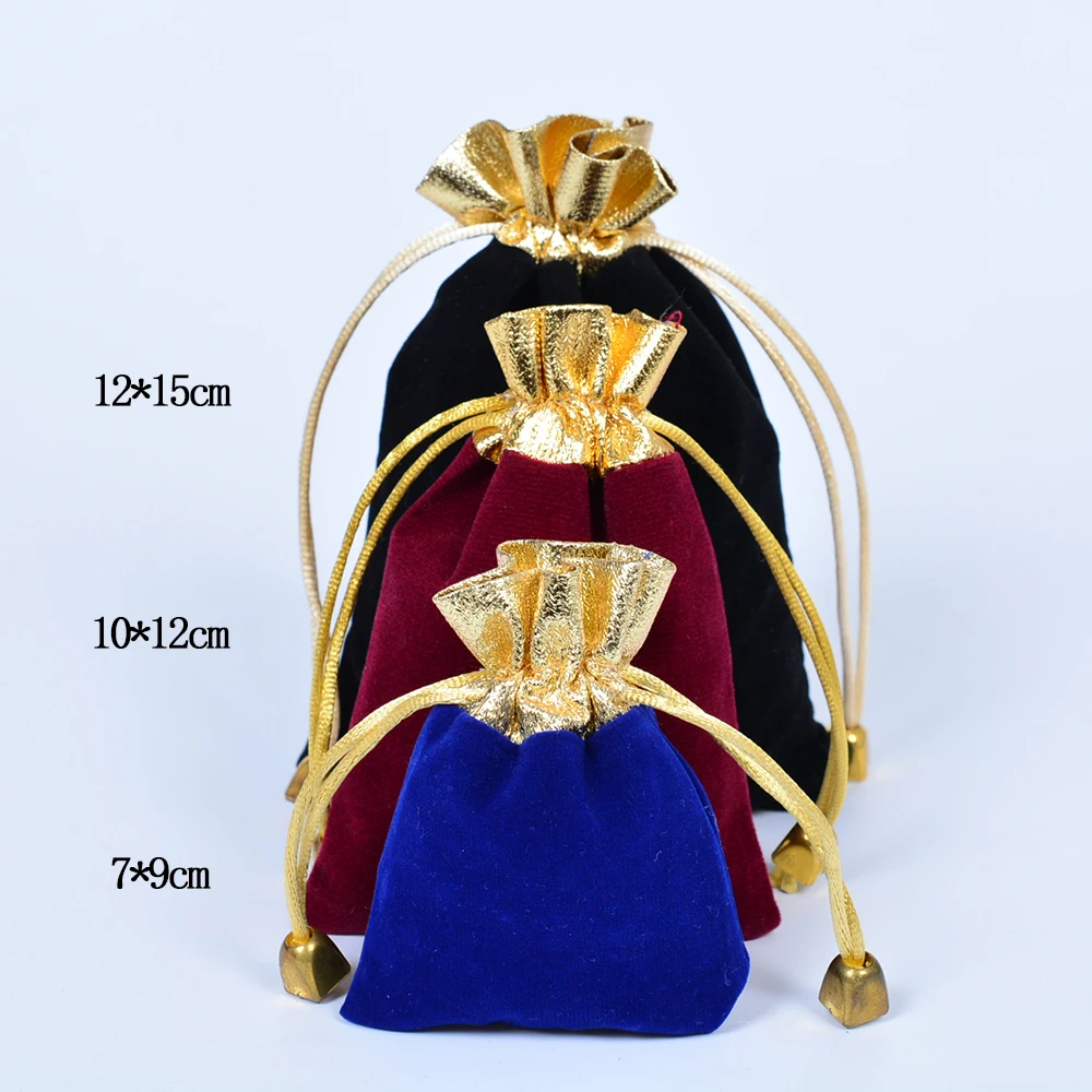 Velvet Gold Trim Drawstring Jewelry Gift Bags Pouches 7*9/10*12/12*15cm Jewelry Package Storage Gift Favor Decor 50pcs