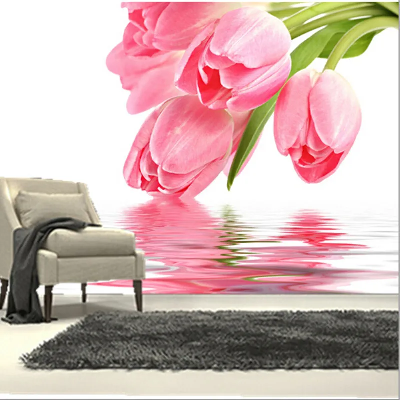

The custom 3D murals,beautiful fresh tulip on the water surface ,living room sofa TV wall bedroom background wall paper