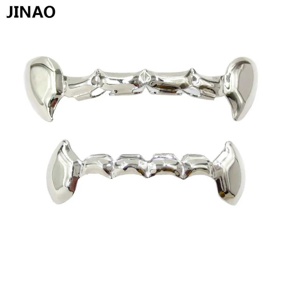 JINAO Fang Grill Set Pure Gold Color Plated Half Teeth Dracula Vampire Slim Grills Gold Top&Bottom Grillz set Hiphop grills sets