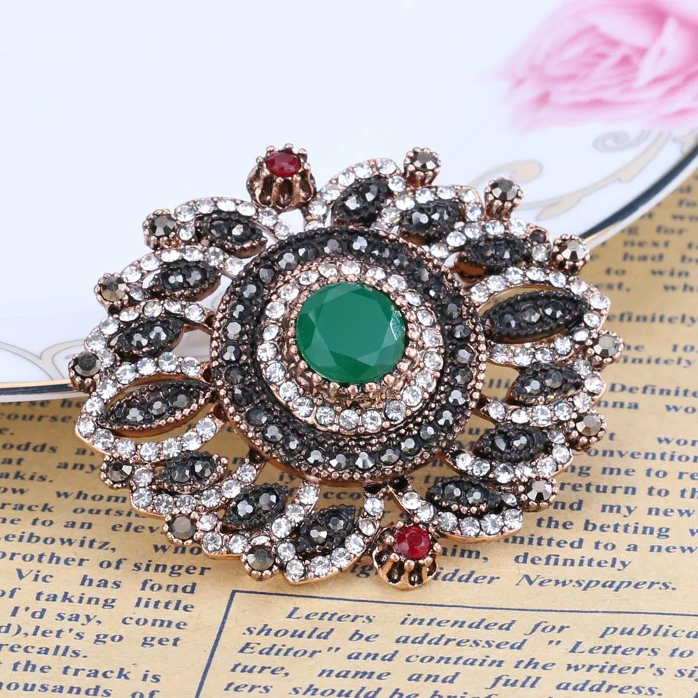 Kinel New Vintage Turkish Women Flower Brooches Pins Antique Gold Color Resin Brooch Pendant Dual-Purpose Ladies Ethnic Jewelry