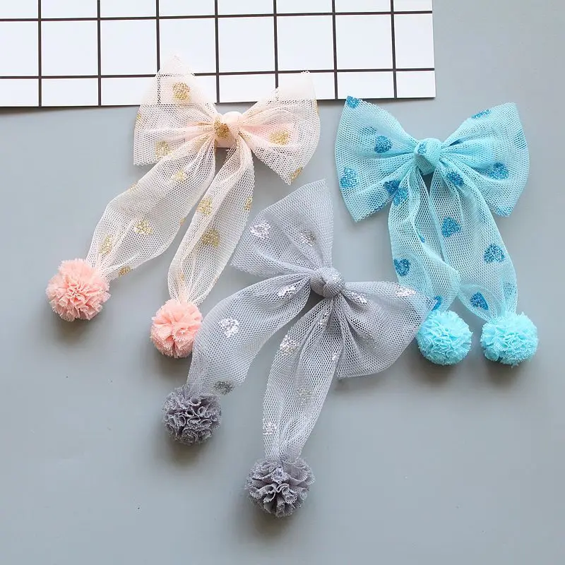 

Boutique Fashion Cute Glitter Heart Gauze Bow Hairpins Solid Kawaii Pom Pom Bowknot Hair Clips Princess Headwear Accessories