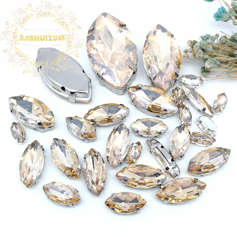 Silver Claw Setting 30pcs/Bag Champagne Horse Eye Shapes Mix Clear Gass Crystal Sew On Rhinestone Wedding Dress Shoes Bag Diy