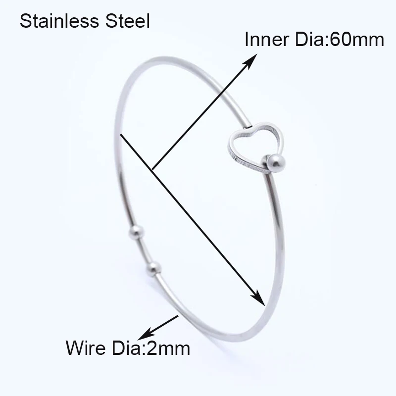 10pcs/lot 60mm Newest 2mm Thick Stainless Steel Hearts Beads Bangle Bracelet Cuff Bracelet Expandable Opening Bangle Wholesale