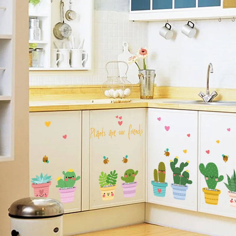Green Garden Plant Cactus Potted Flower Pot Set 3D DIY Wall Decals/Adhesive Family Wall Sticker Mural Art Bathroom Windows Decor