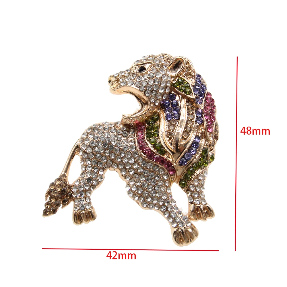 50pcs/lot  Multicolor Rhinestone  Gold-Tone Roaring Lion Brooch Pin Crystal Animal Brooch Pin