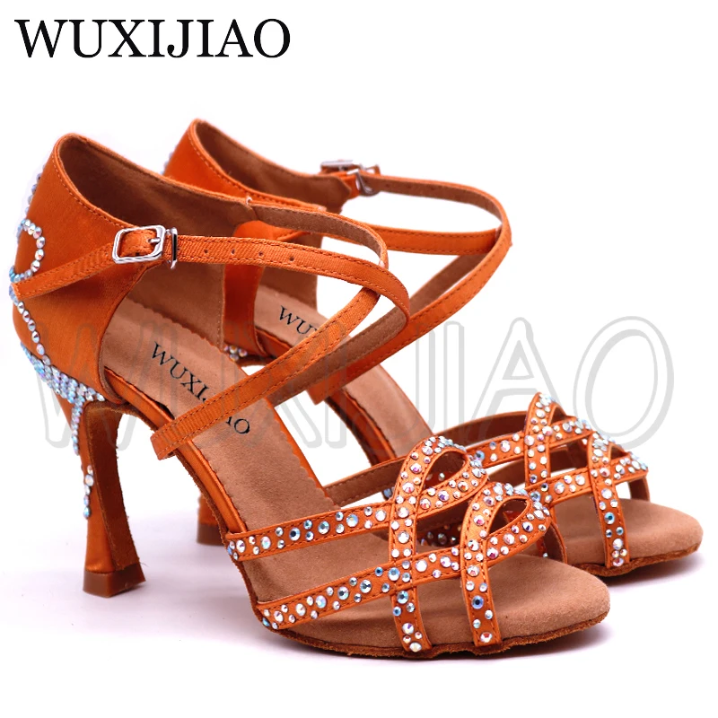 WUXIJIAO Ladies Latin dance shoes with Brown satin rhinestone style high heels salsa dancing shoes Comfortable soft heel 9cm