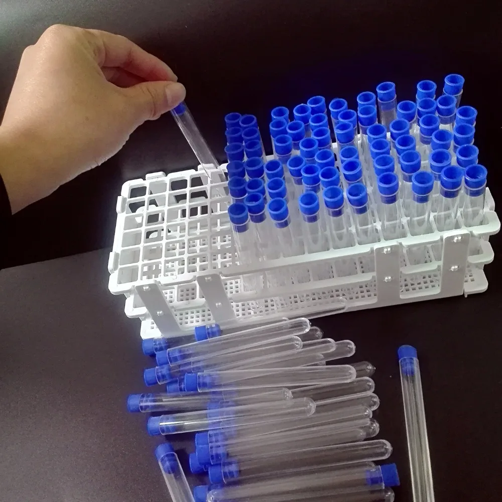 100pcs Laboratory Plastic Test  Tubes  13x100mm (8ml)  , With 1piece Tube Rack Of 90-holes