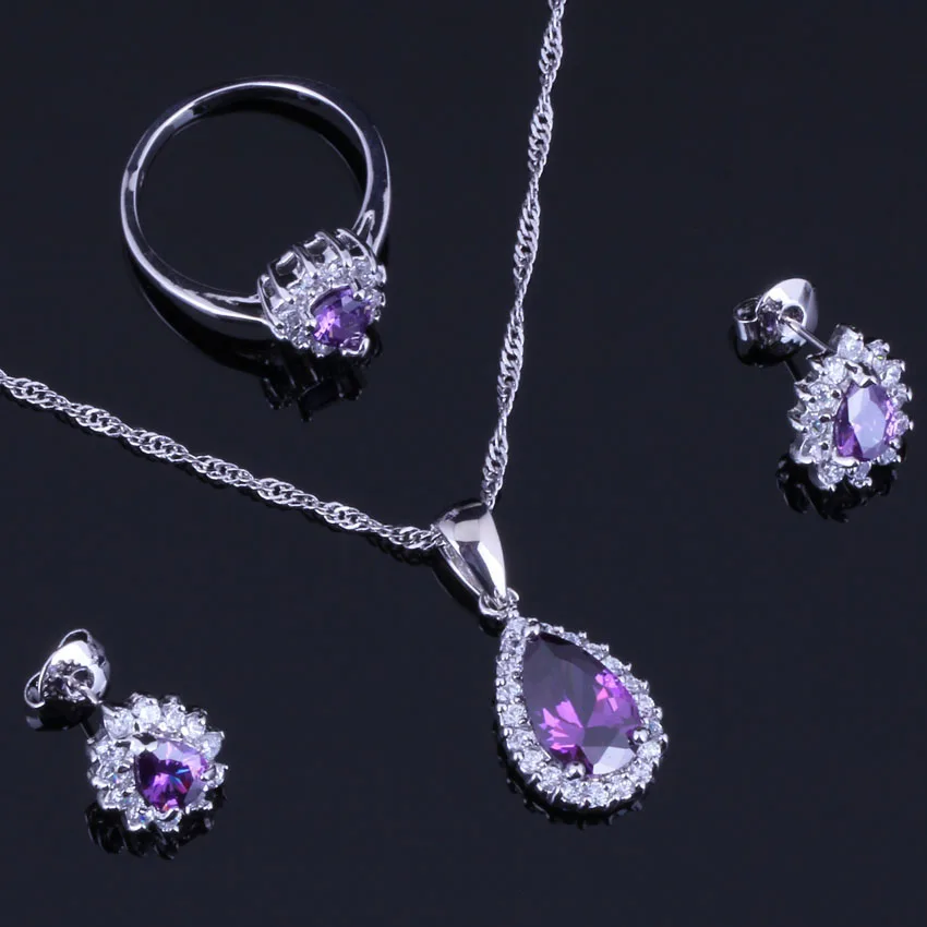 Divine Purple Cubic Zirconia White CZ Silver Plated Jewelry Sets Earrings Pendant Chain Ring V0327