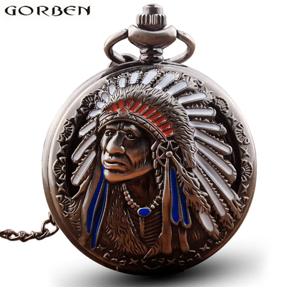 Antique Retro Indian People Copper Quartz Pocket Watch Chain Bronze Fob Watches for Men Gift Relogio De Bolso