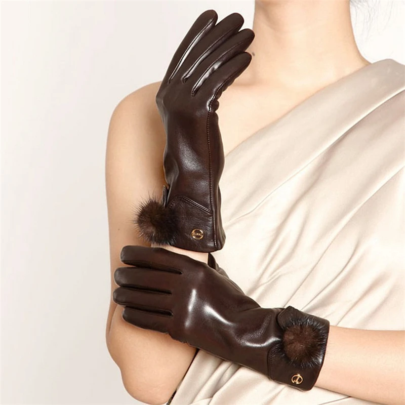 Brand Genuine Leather Gloves High Quality Women Sheepskin Glove Fashion Trend Rabbit Hair Ball Driving Leather Gloves EL029NC