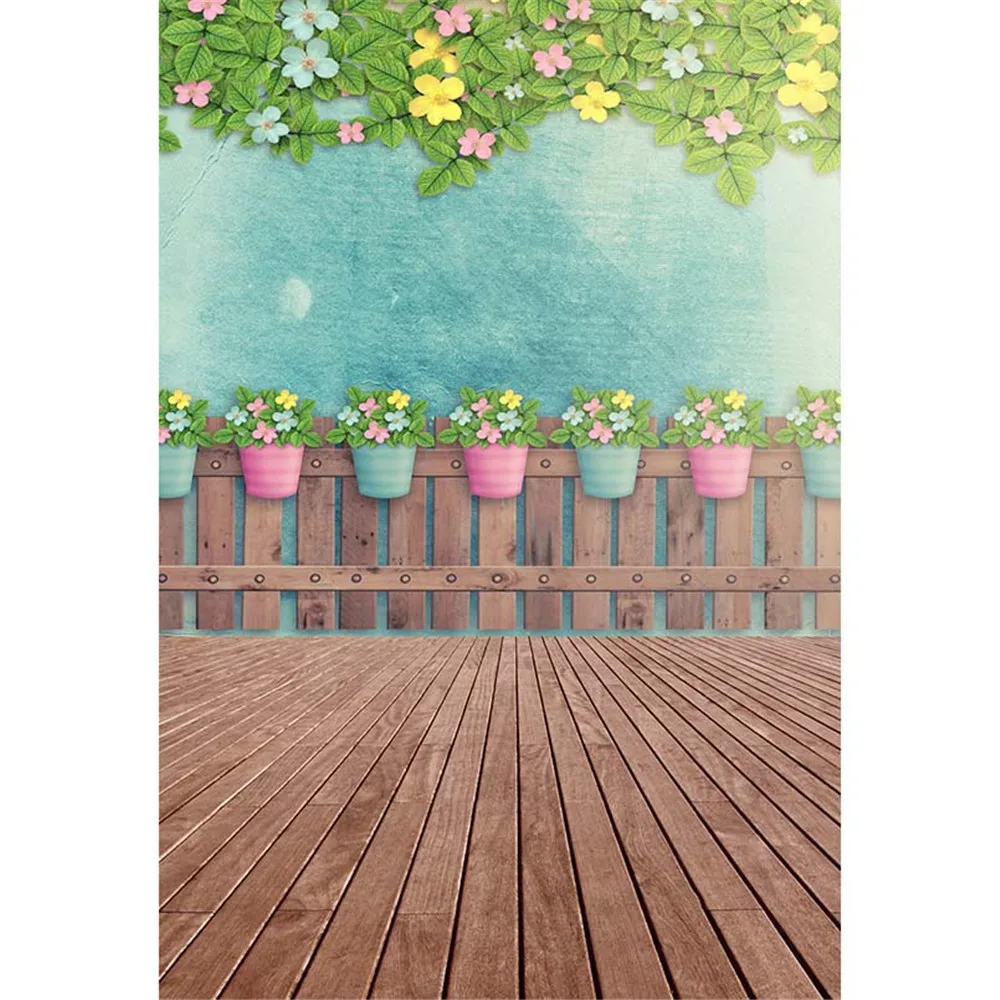 

Retro Style Blue Wall Baby Shower Backdrop Photography Wooden Fence Flowerpots Green Leaves Children Photo Background Wood Floor