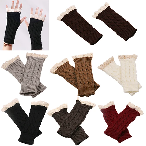 Lace Patchwork Women Knitting Embroidered Gloves Student Autumn Winter ColdproofFashion Warm Soild Fingerless Glove