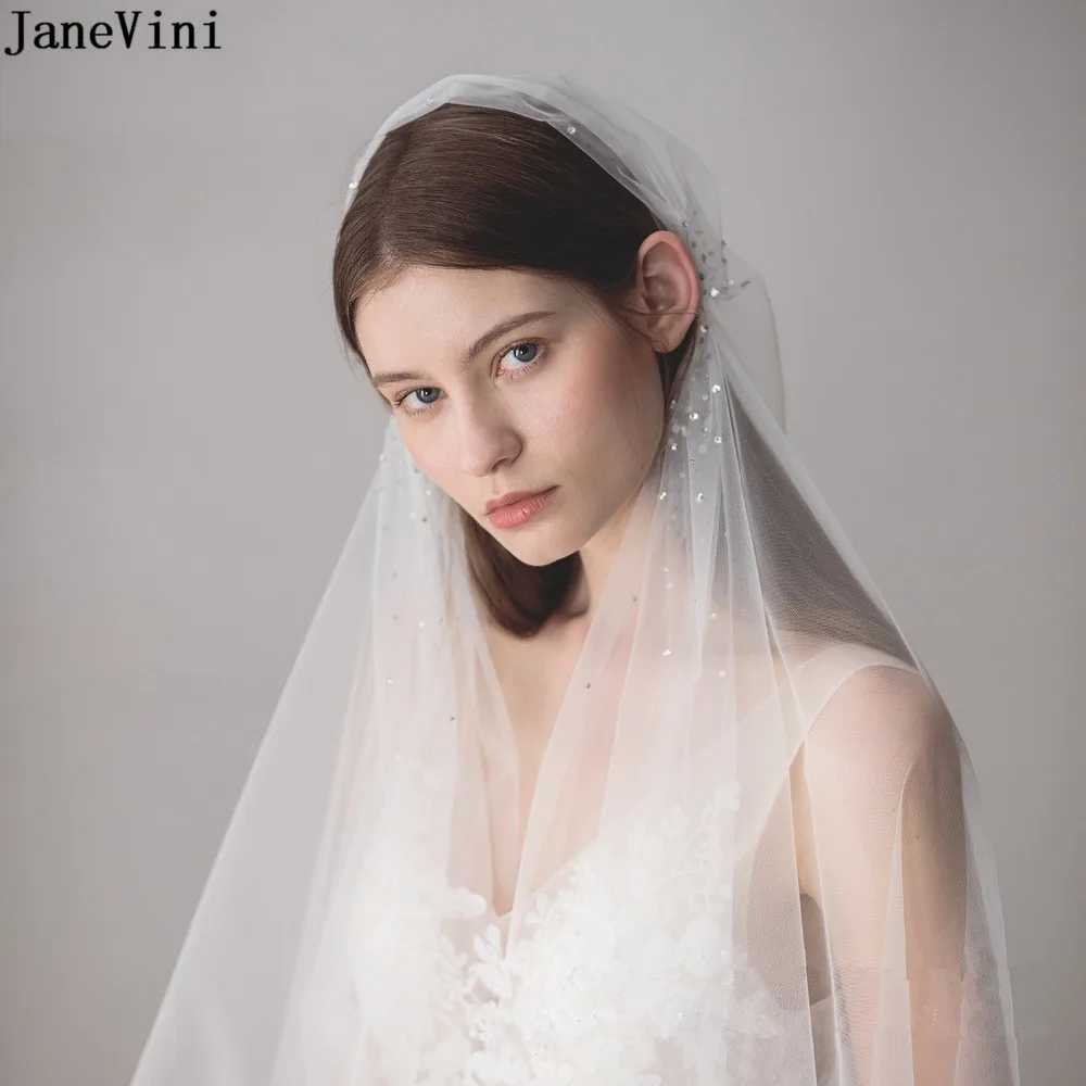 

JaneVini 2019 Vintage One Layer White Bridal Veils Cut Edge Fingertip Length Veil Beaded Soft Tulle Brides Wedding Accessories