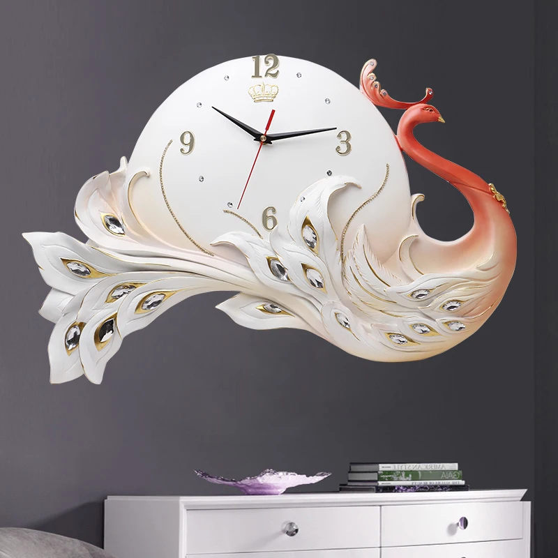 Modern Resin Decorative Clock Wall Hanging Crafts Peacock Wall Decoration Pendant Hotel Home Club Wall Sticker Mural Ornaments