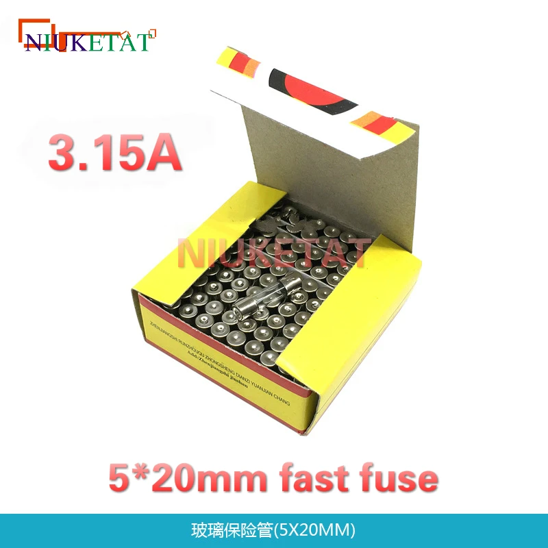 100pcs/box 5*20mm 3.15A 250V Fast fuse 5*20 F3.15A 3150mA 250V Glass Fuse 5mm*20mm 