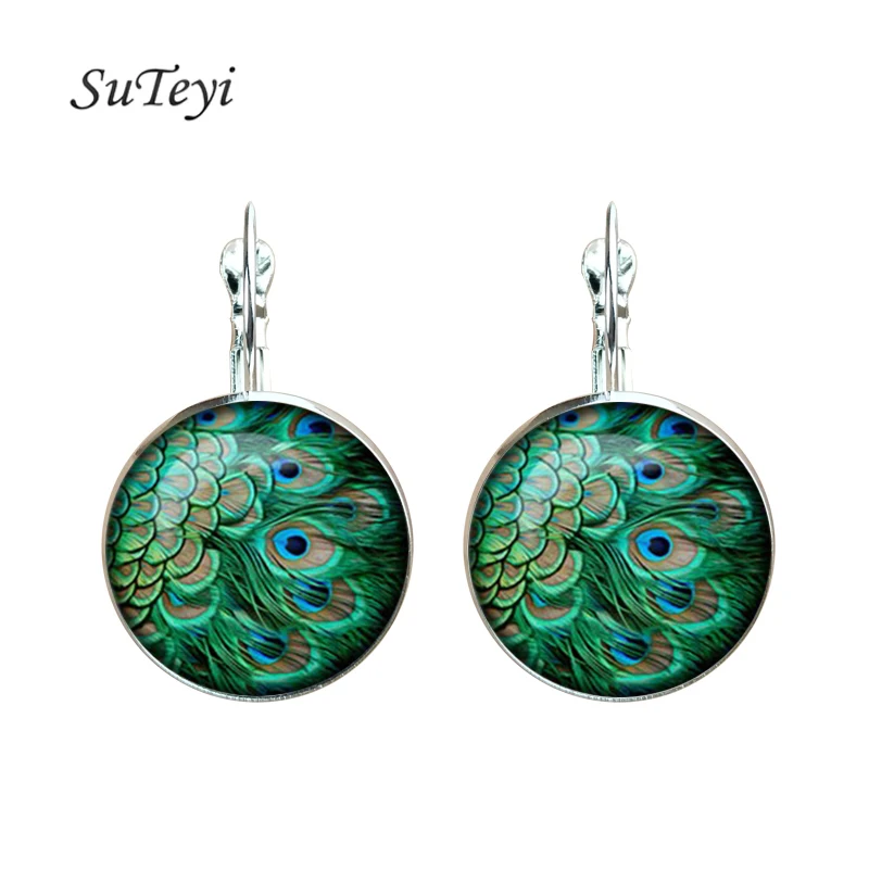 Vintage Green Peacock Feather Earrings For Women Bronze Plated Glass Dome Cabochon Earrings Jewelry