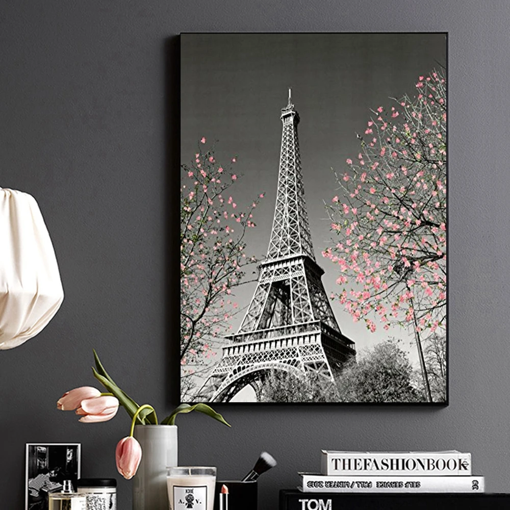 

Black Artwork Paris Tower Pink Blossoms Office Room Kitchen Wall Art City Poster Print Landscape for Living Room Drop Shipping