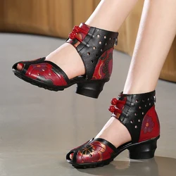 2024 Summer Women Shoes Thick With Heels Platform Genuine Leather Sandals Handmade Flower Cover Toes Comfortable Women Sandals