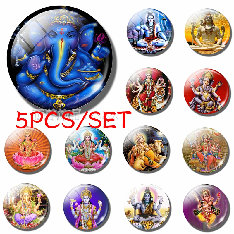 5PCS/SET Charm Lucky Indian Elephant Head God Ganesh 25MM Glass Dome Cabochon Making Pendant Jewelry Necklace Amulet Family Gift