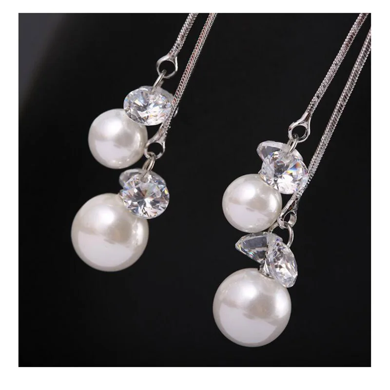 Grace Jun High-grade Pearls Cubic Zircon Long Tassel Clip on Earrings Without Piercing for Women Elegant Jewelry Ear Clip Bijoux