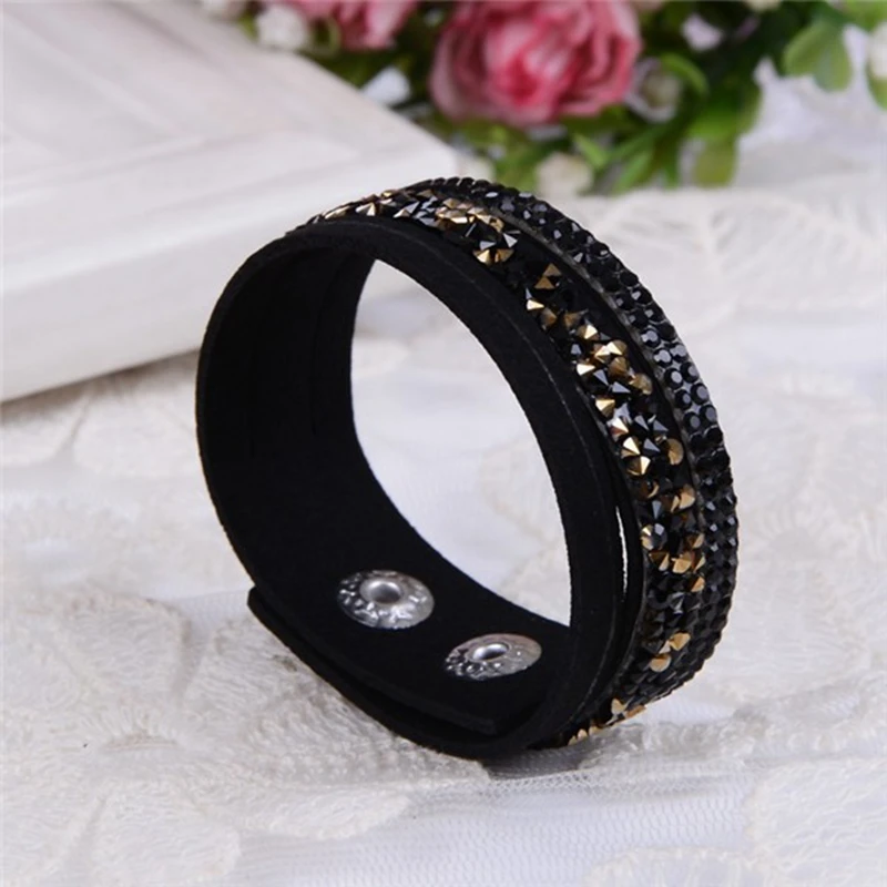 2017 New Fashion Leather Wrap Wristband Cuff Punk Crystal Rhinestone Bracelet Bangle free shipping Wholesale