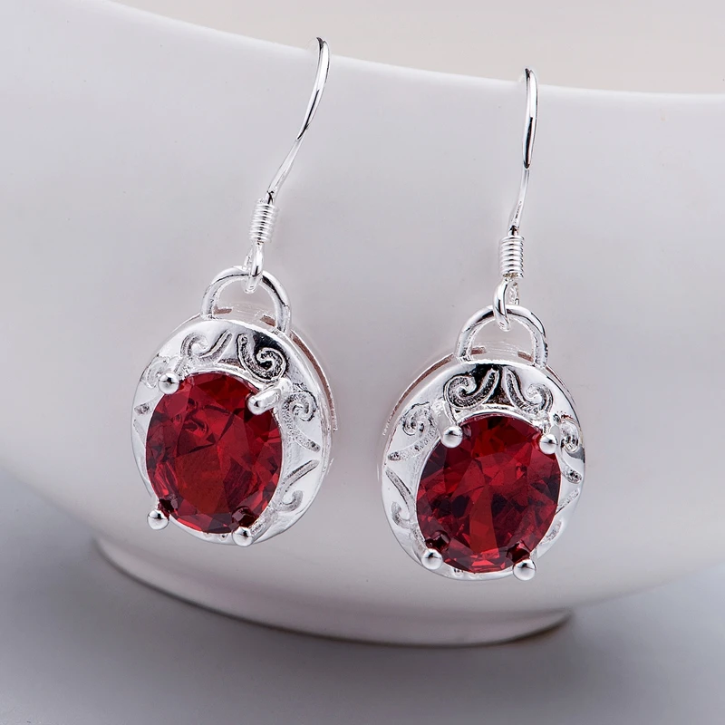 stone red rounded  silver plated earrings sterling-silver-jewelry for women silver earrings IQNQNZFE