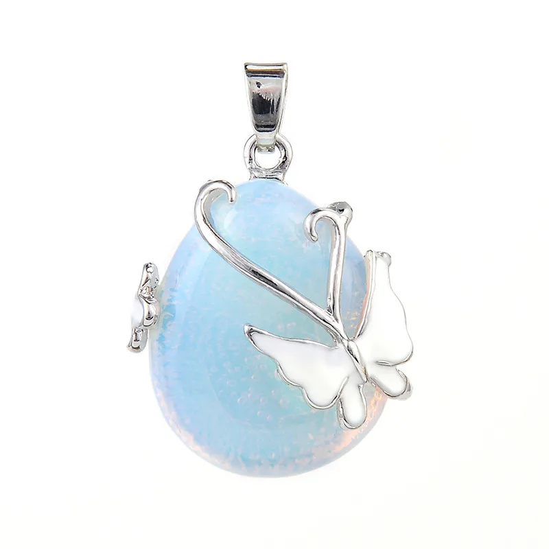 New Natural Stone Amethysts Rose Pink Quartz Opal Water Drop Beads Enamel Butterfly Inlay Pendant for Women Necklaces Jewelry