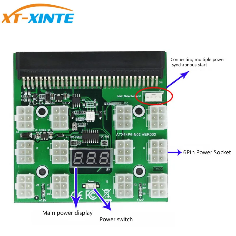 PCI-E 12V 64Pin to 12x 6Pin Power Supply Server Adapter Breakout Board for HP 1200W 750W PSU GPU