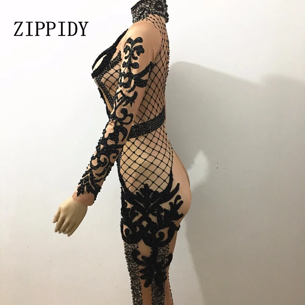 Sexy Sparkly Black Crystals Jumpsuit Prom Performance Outfit Party Celebrate Glisten Stones Costume Bodysuit Stage Wear Rompers