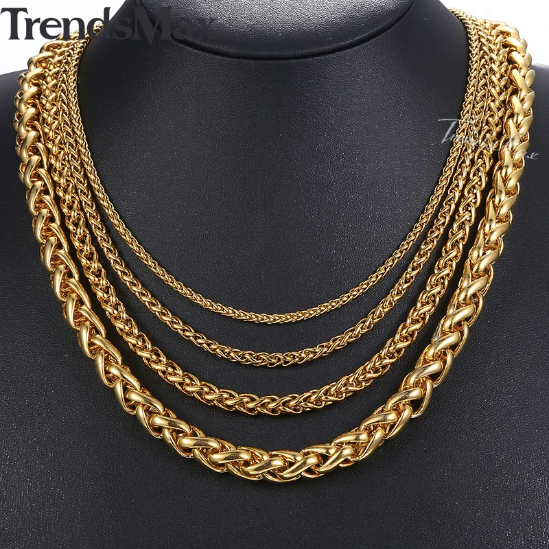 Length 3-10mm Men\'s Necklace Stainless Steel Gold Color Round Spiga Wheat Chain Hip Hop Jewelry Necklace For Men KNM136