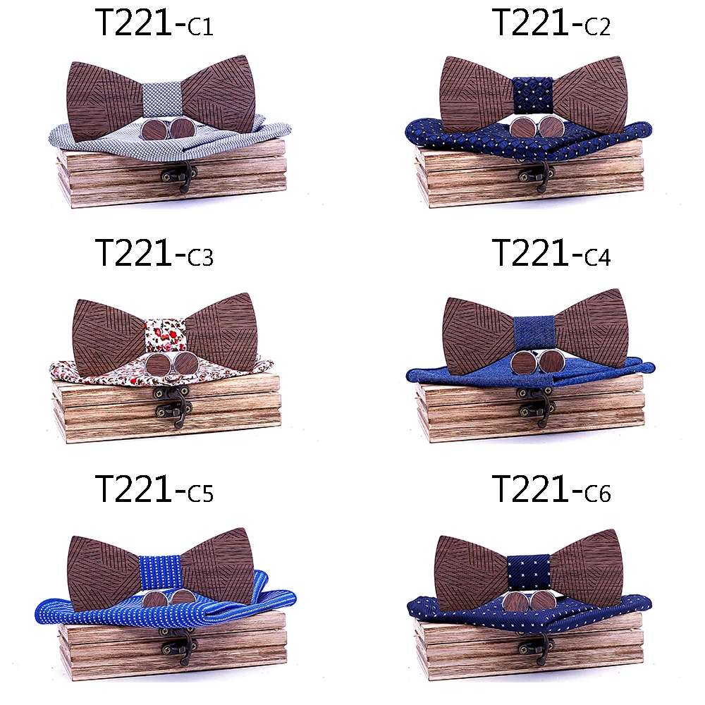 Men\'s Plaid Wooden Bow Tie Set Striped Wood Bowtie Handkerchief Cufflinks Sets With Wood Box For Men Wedding Gift