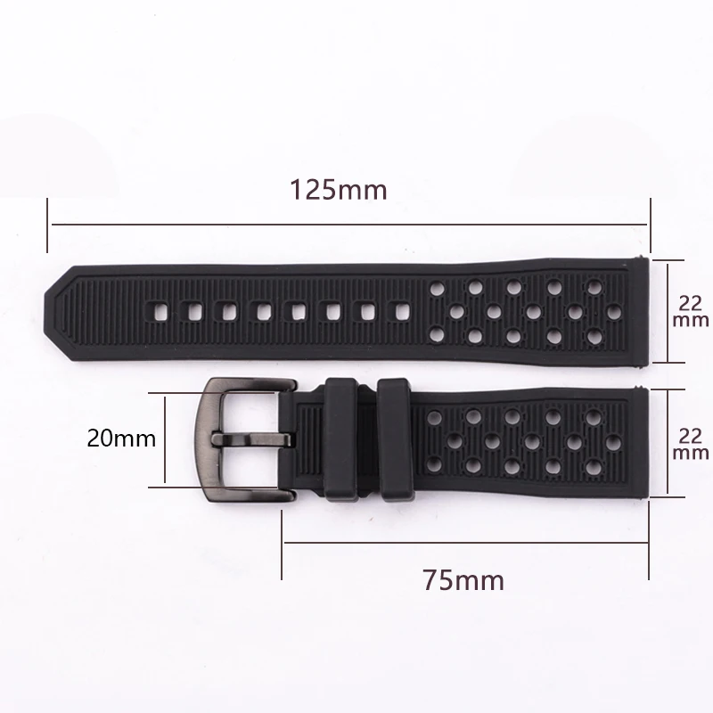 22mm Watchbands Bracelet Black Waterproof Soft Silicone Rubber Men Watch Band Strap Watch Accessories Silver Black Buckle